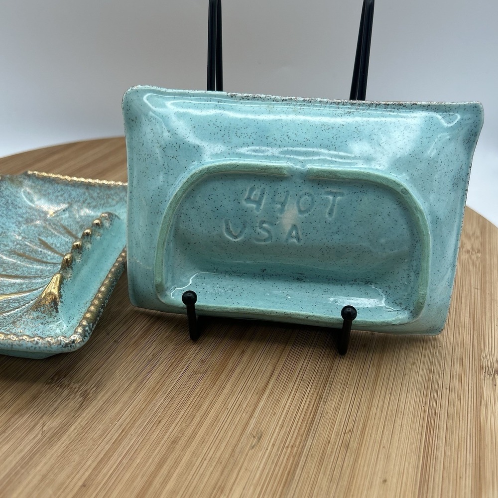 Pair Ashtrays Blue/Gold  Mid Century Modern Ceramic Glazed Retro Made In USA MCM - Picture 3 of 6